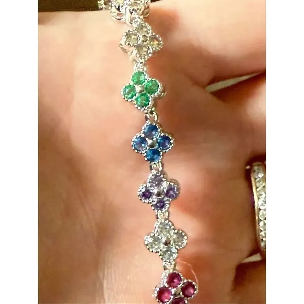 Silver Clover Flower Link Bracelet Pave CZ Crystal Elegant Jewelry Bridal Gift
